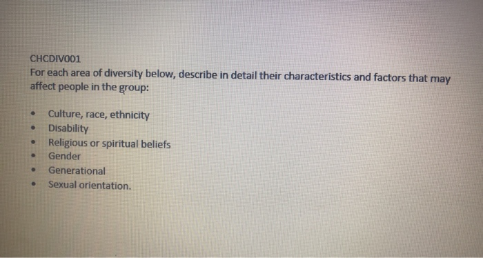 Solved CHCDIV001 For Each Area Of Diversity Below, Describe | Chegg.com