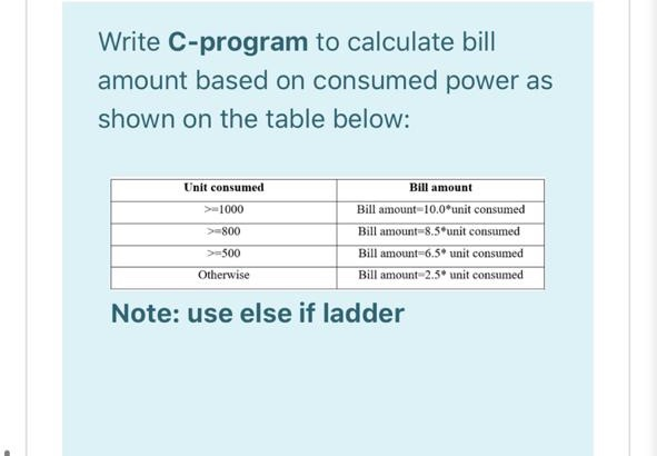 Solved Write C-program to calculate bill amount based on | Chegg.com