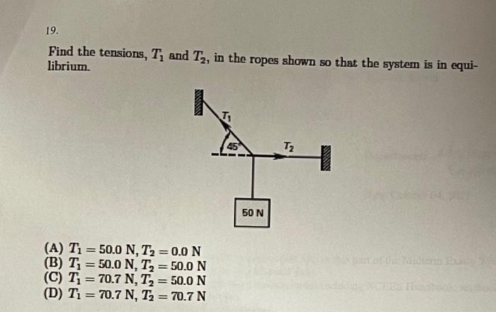Solved 19. Find the tensions, T₁ and T₂, in the ropes shown | Chegg.com