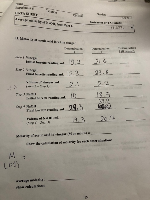 Solved How To Calculate Molarity Of Acetic Acid In The Pi Chegg Com