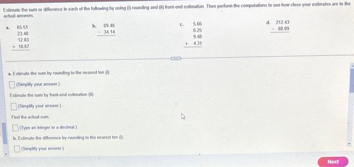 Solved Estimate the sum or difference in each of the | Chegg.com