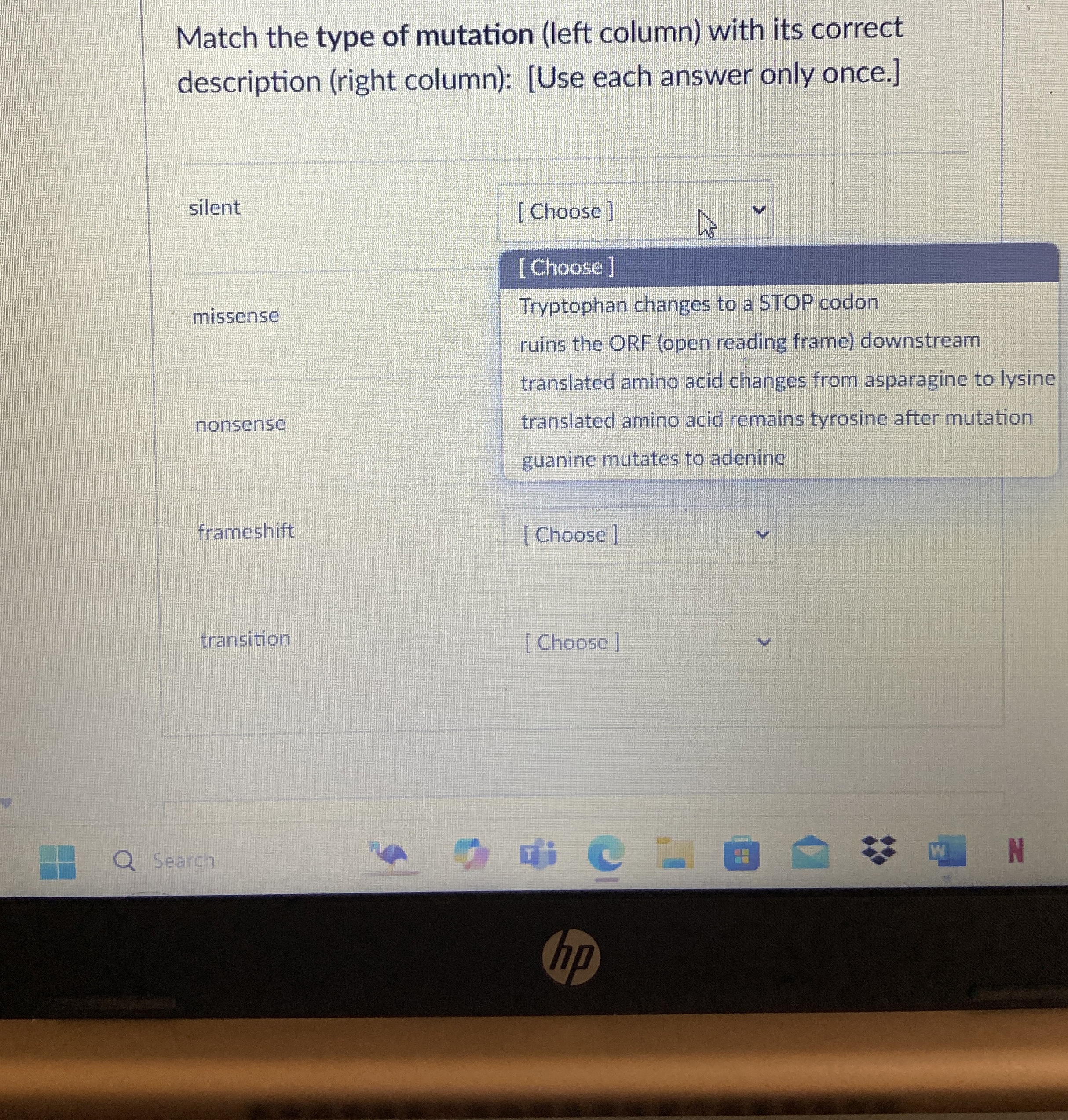 Solved Match the type of mutation (left column) ﻿with its