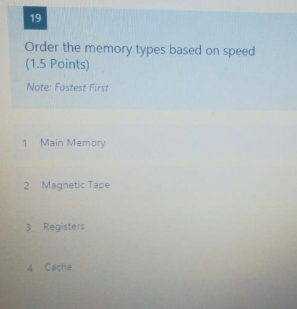 Solved 19 Order the memory types based on speed (1.5 Points) | Chegg.com