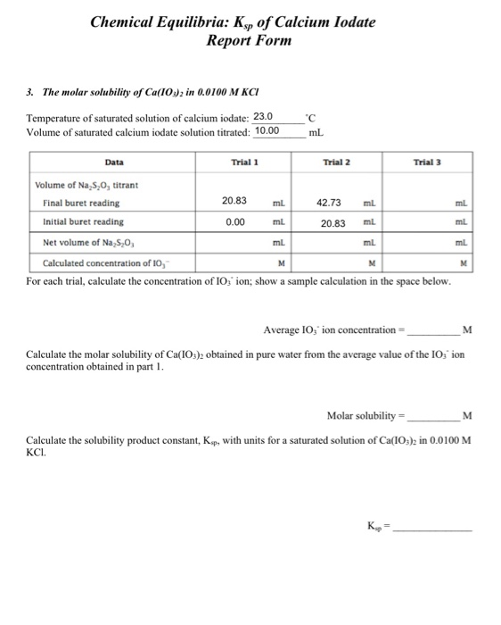 Chemical Equilibria: Ks of Calcium Iodate Report Form | Chegg.com