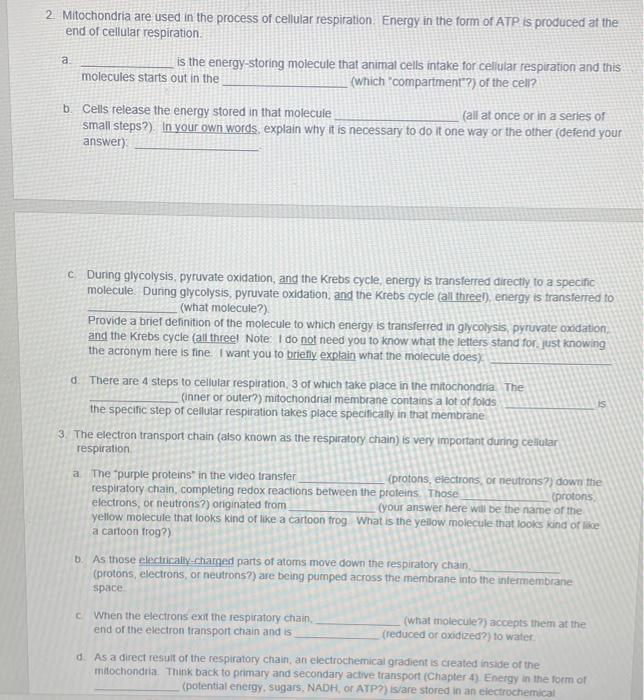 Solved а. 2. Mitochondria are used in the process of | Chegg.com