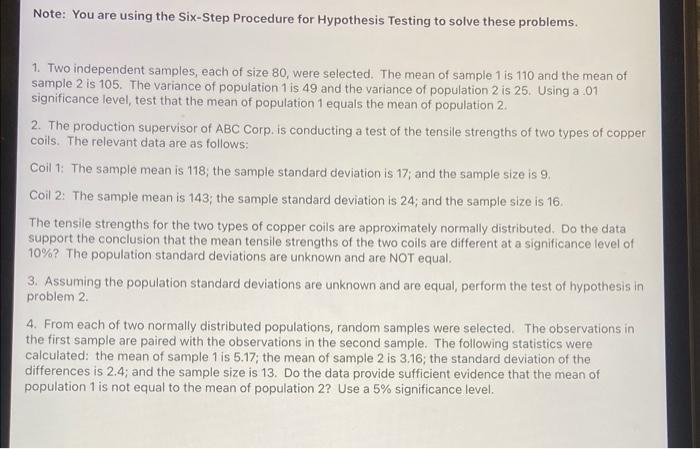 Solved Note: You are using the Six-Step Procedure for | Chegg.com