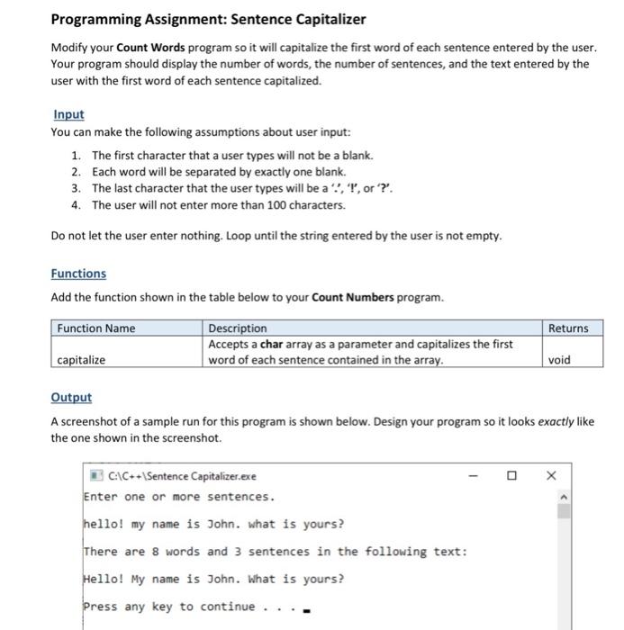 Solved Programming Assignment: Sentence Capitalizer Modify | Chegg.com