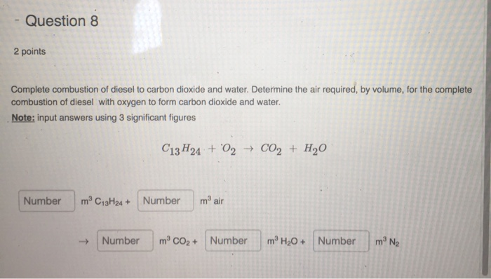 Solved - Question 8 2 points Complete combustion of diesel | Chegg.com