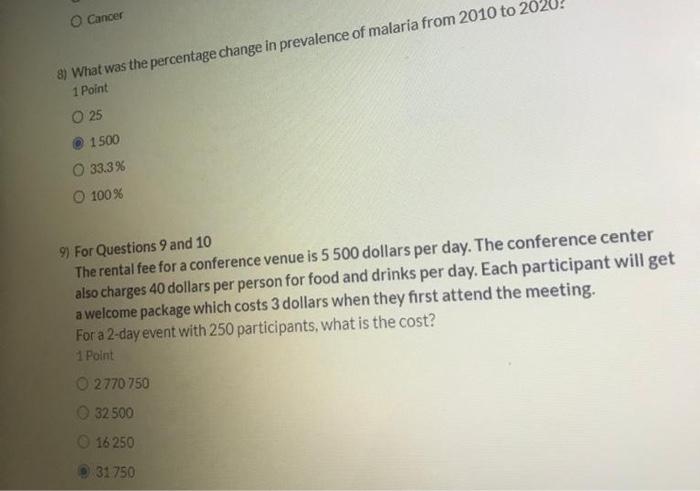 Cancer 2) What was the percentage change in prevalence of malaria from 2010 to 20 1 Point 25 1500 O 33.3% O 100% 9) For Quest