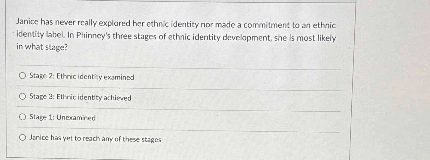 Solved Janice has never really explored her ethnic identity | Chegg.com