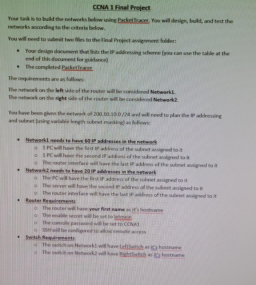 Solved CCNA 1 Final Rroject Your Task Is To Build The | Chegg.com