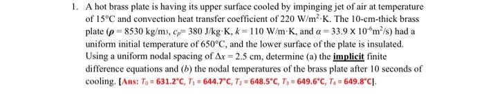 Solved A hot brass plate is having its upper surface cooled | Chegg.com