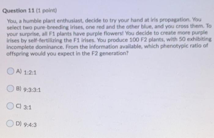 Question 11 (1 point) You, a humble plant enthusiast, decide to try your hand at iris propagation. You select two pure-breedi