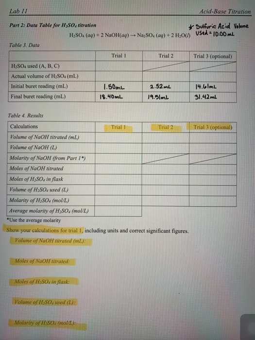 Solved Lab 11 AcidBase Titration Part 2 Data Table for