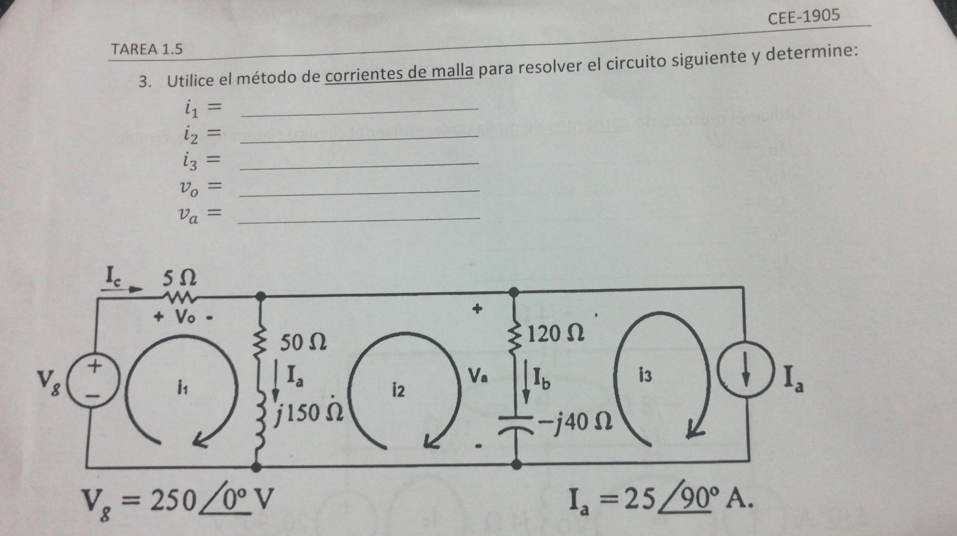 TAREA \( 1.5 \) 3. Utilice el método de corrientes de malla para resolver el circuito siguiente y determine: \[ \begin{array}