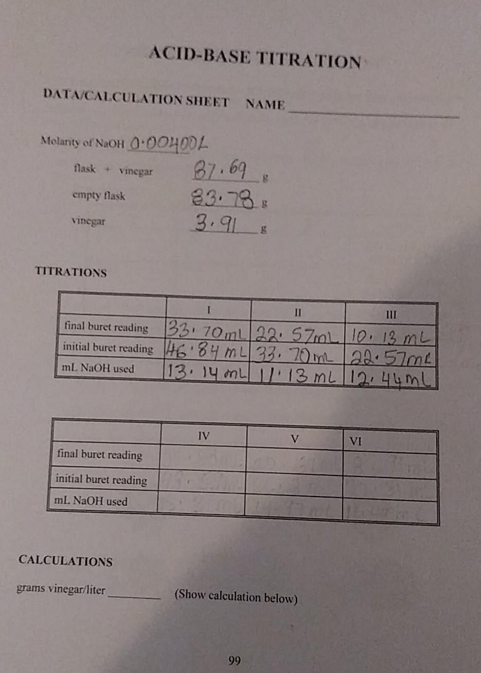 Solved ACID-BASE TITRATION DATA CALCULATION SHEET NAME flask | Chegg.com