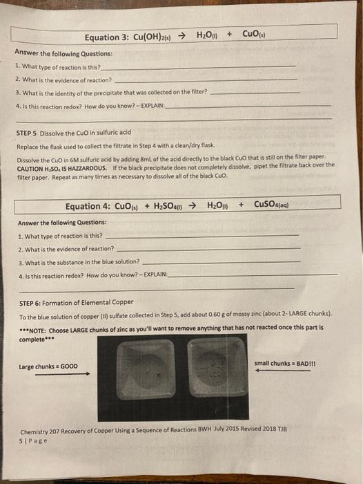 Solved Cuis) Equation 3: Cu(OH)2 + H2O + Answer the | Chegg.com