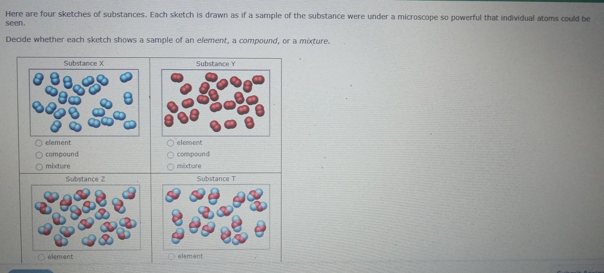 Here are four sketches of substances. Each sketch is drawn as if a sample of the substance were under a microscope so powerfu