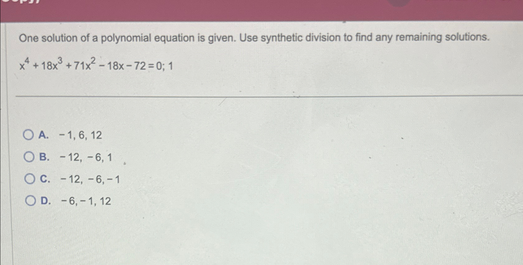 Solved One solution of a polynomial equation is given. Use | Chegg.com