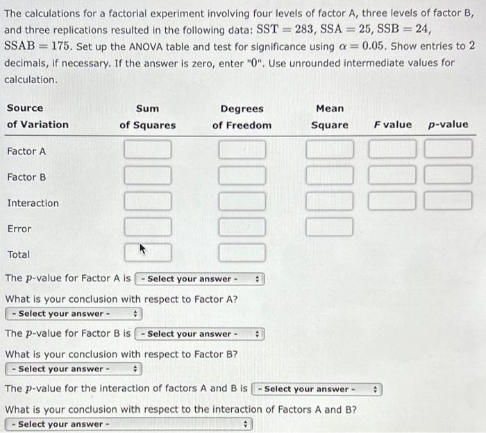 Solved The calculations for a factorial experiment involving | Chegg.com