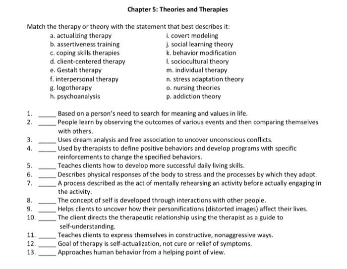 Solved 1. Chapter 5: Theories And Therapies Match The | Chegg.com