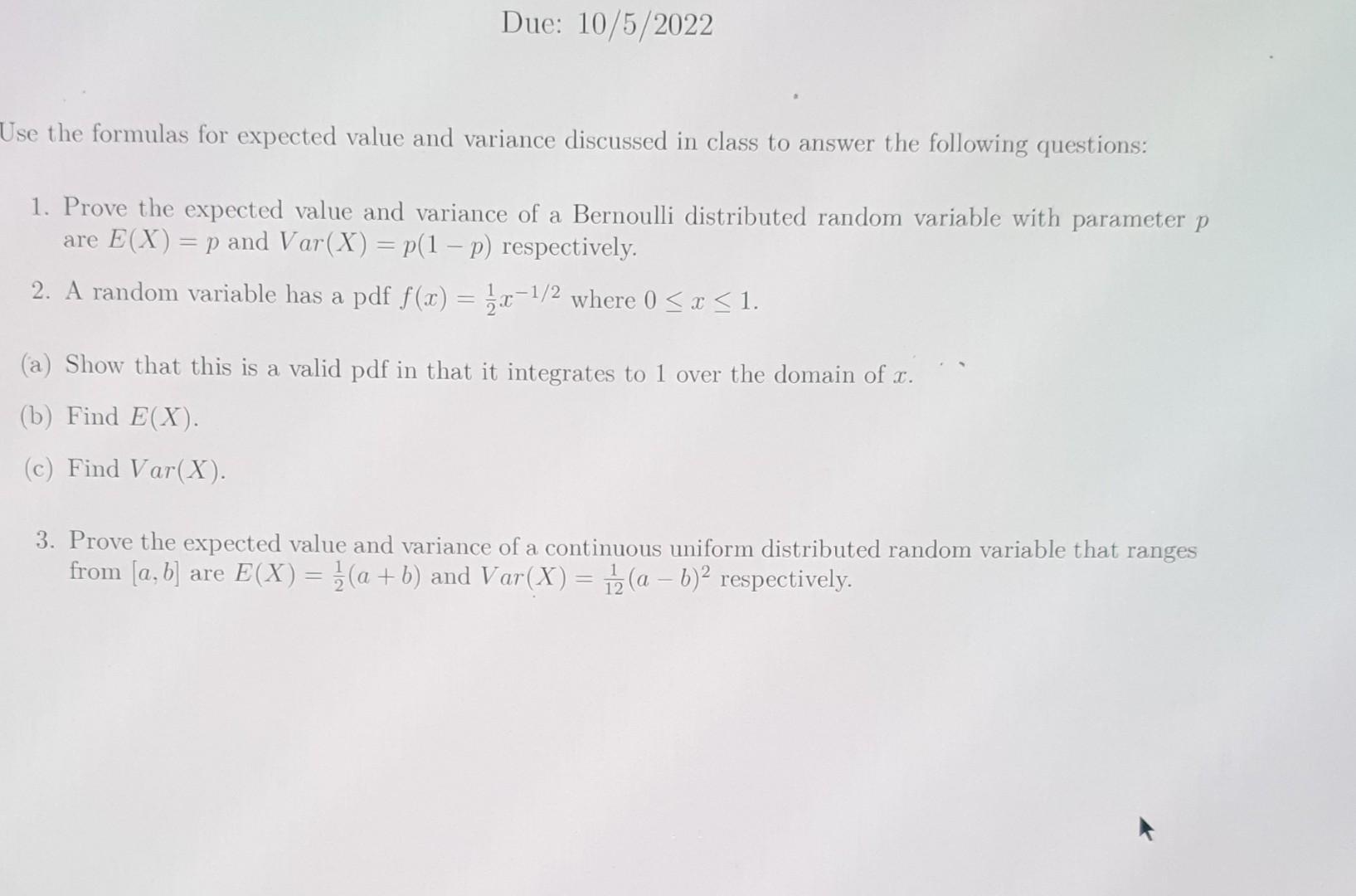 Solved Ise the formulas for expected value and variance | Chegg.com