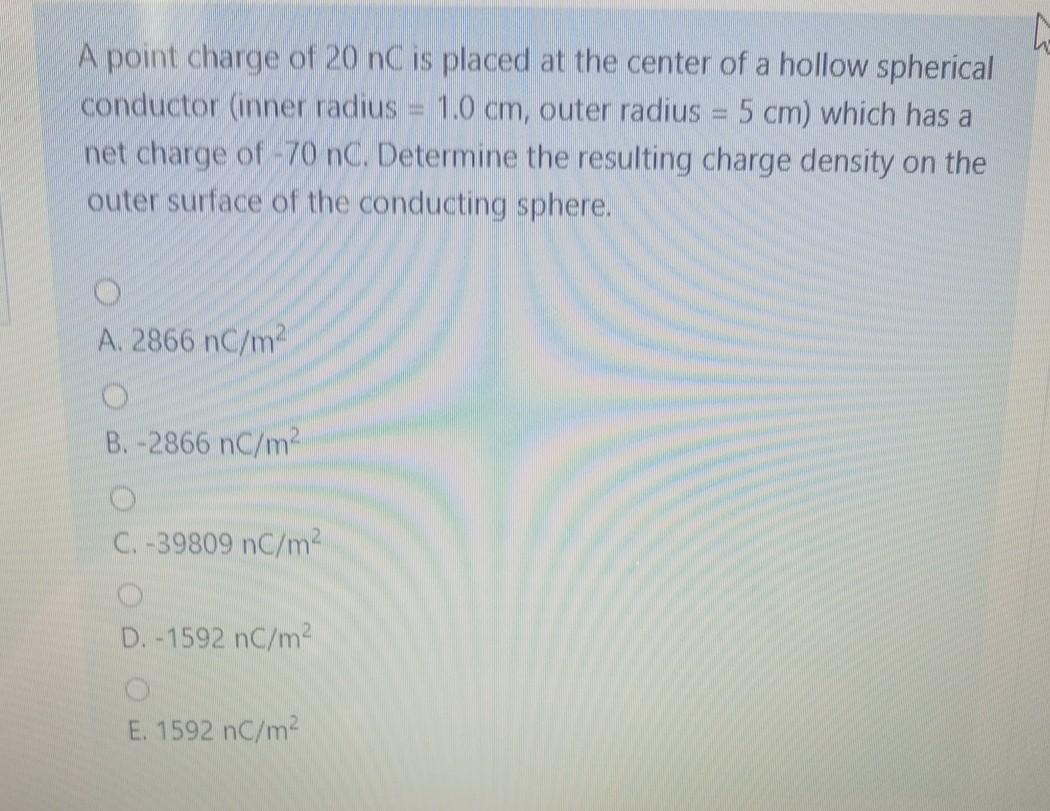 Solved A point charge of 20 nC is placed at the center of a | Chegg.com