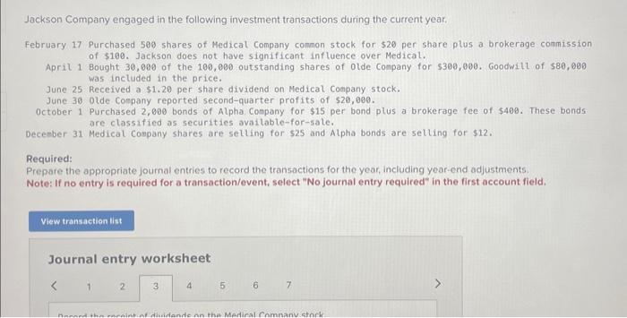 Solved Jackson Company engaged in the following investment | Chegg.com