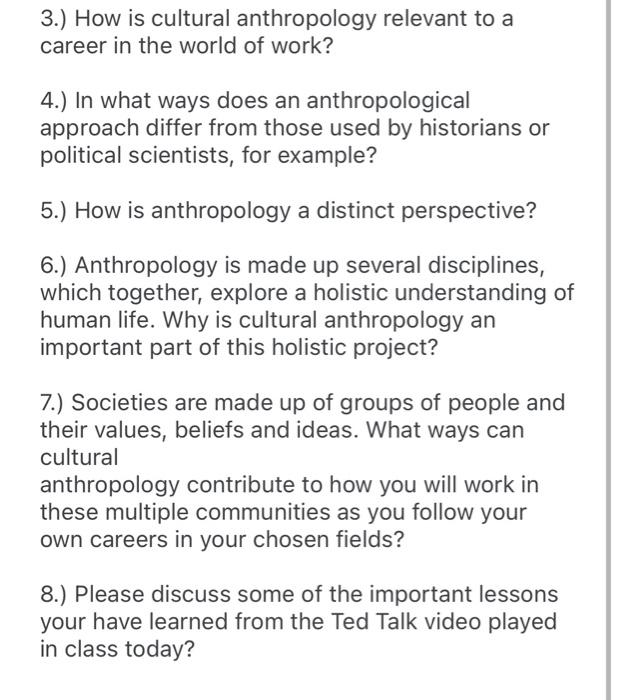 Solved 3.) How is cultural anthropology relevant to a career | Chegg.com