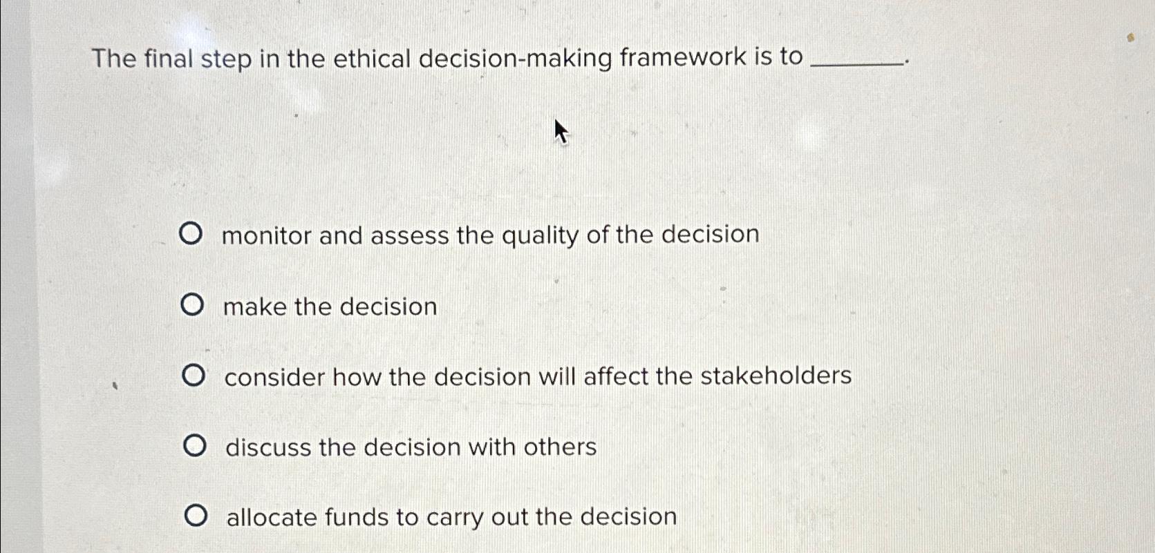 Solved The final step in the ethical decision-making | Chegg.com