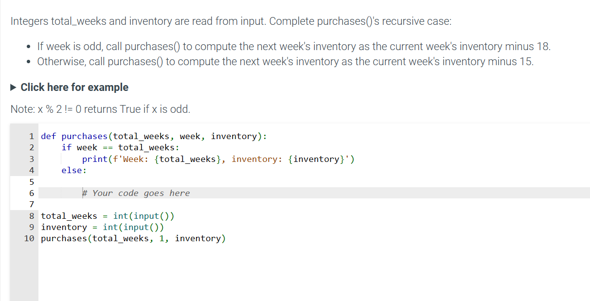 python week 2 - python week 2 assignment print gross ... Solved Click here for exampleNote: x%2≠0 returns True if x | Chegg.com