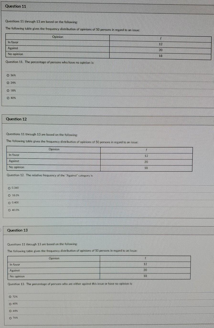 Solved Question 11 Questions 11 through 13 are based on the | Chegg.com