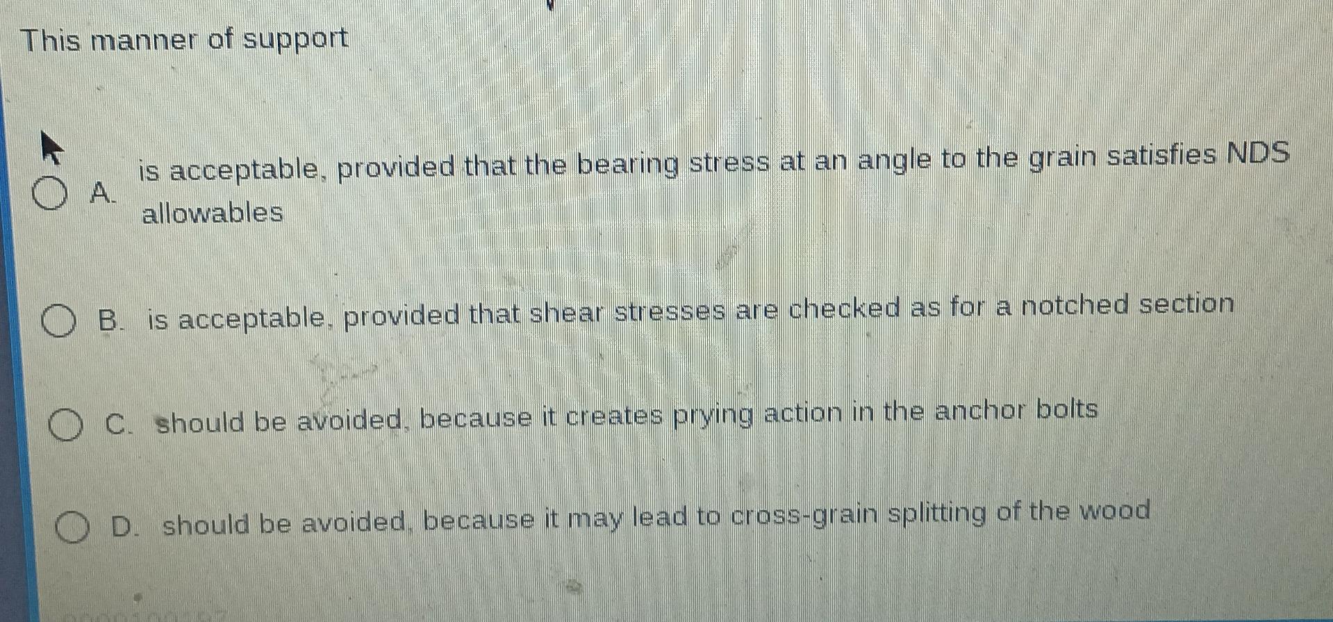 This manner of support
A. is acceptable, provided that the bearing stress at an angle to the grain satisfies NDS allowables
B