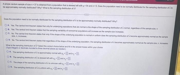 Solved A Simple Random Sample Of Size N=37 Is Obtained From | Chegg.com