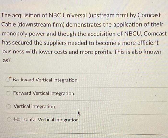 Solved The acquisition of NBC Universal (upstream firm) by