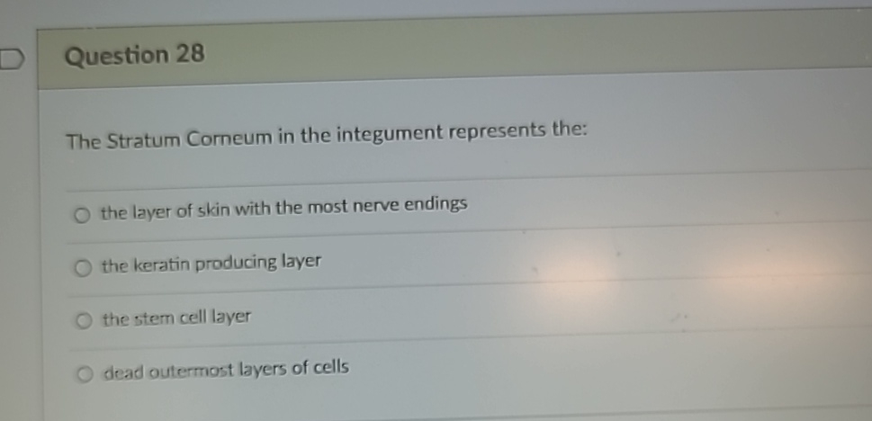 Solved Question 28The Stratum Comeum in the integument | Chegg.com