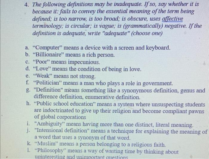 4. The following definitions may be inadequate. If | Chegg.com