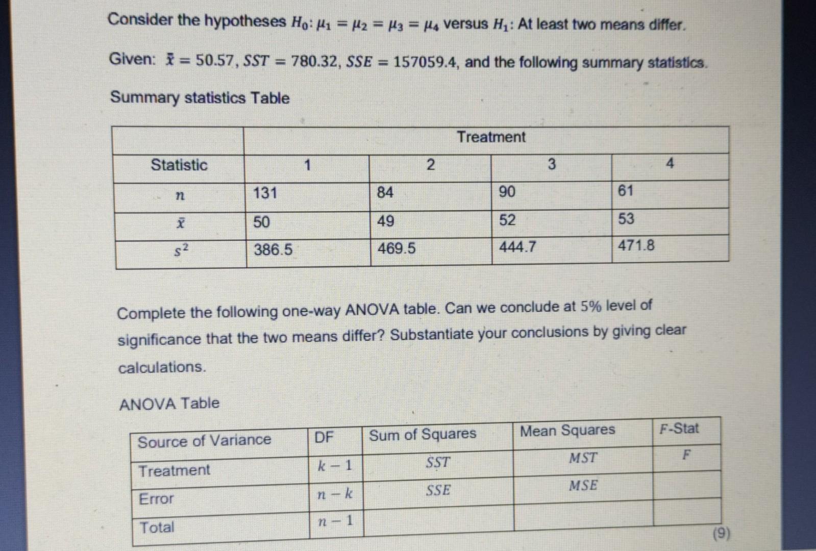 Solved Consider the hypotheses H0:μ1=μ2=μ3=μ4 versus H1 : At | Chegg.com