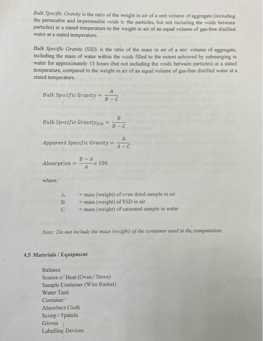 Solved EXPERTMENT 4-A SPECIFIC GRAVITY AND ABSORPTION OF | Chegg.com