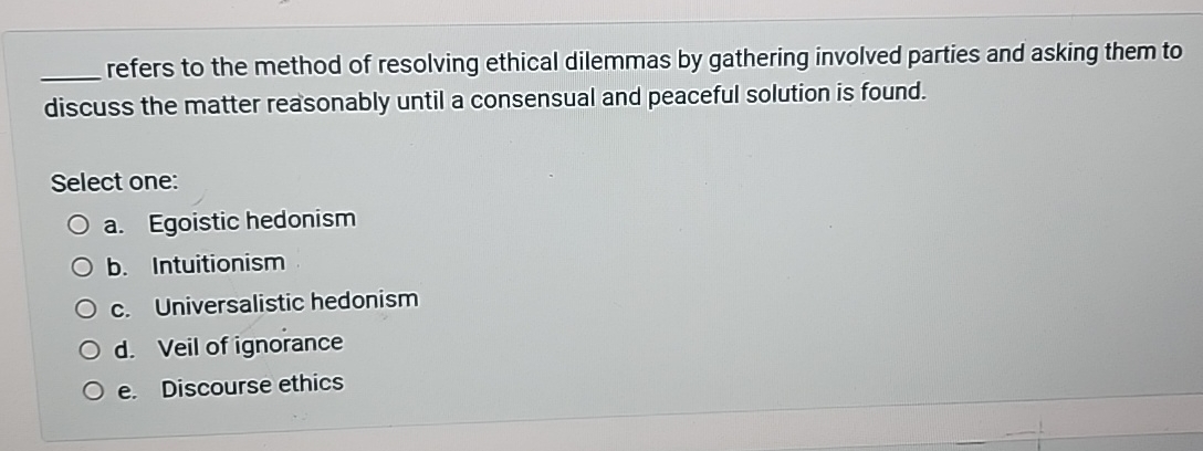 Solved refers to the method of resolving ethical dilemmas by | Chegg.com