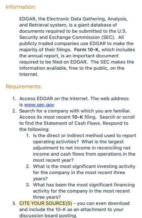Solved Information: EDGAR, The Electronic Data Gathering, | Chegg.com