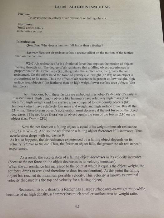 Lab 6 AIR RESISTANCE LAB Purpose To investigate