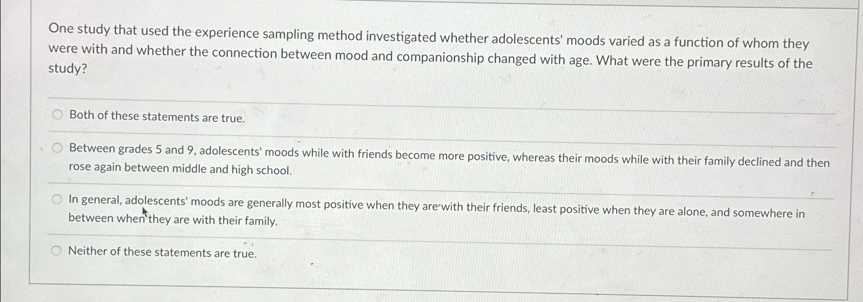 Solved One study that used the experience sampling method | Chegg.com