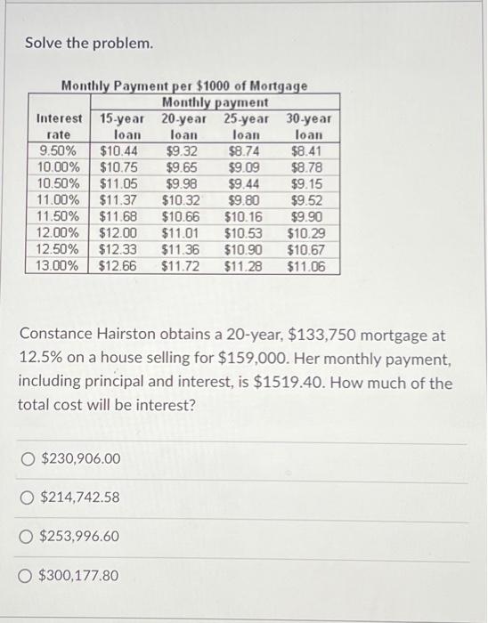 Solved Solve the problem. Monthly Payment per $1000 of | Chegg.com