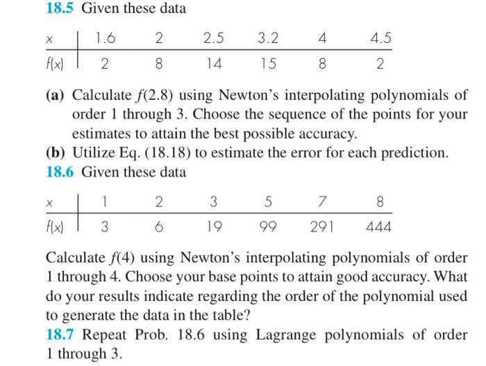Solved 18.5 Given these data х 1.6 2 2.5 3.2 4 4.5 2 8 14 15 | Chegg.com