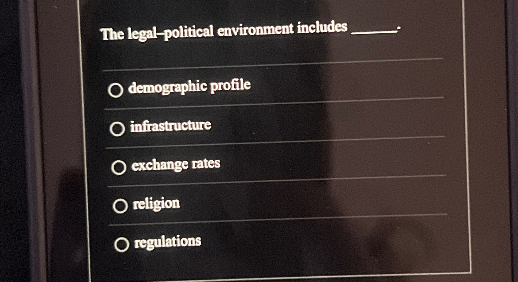 Solved The Legal-political Environment Includesdemographic | Chegg.com