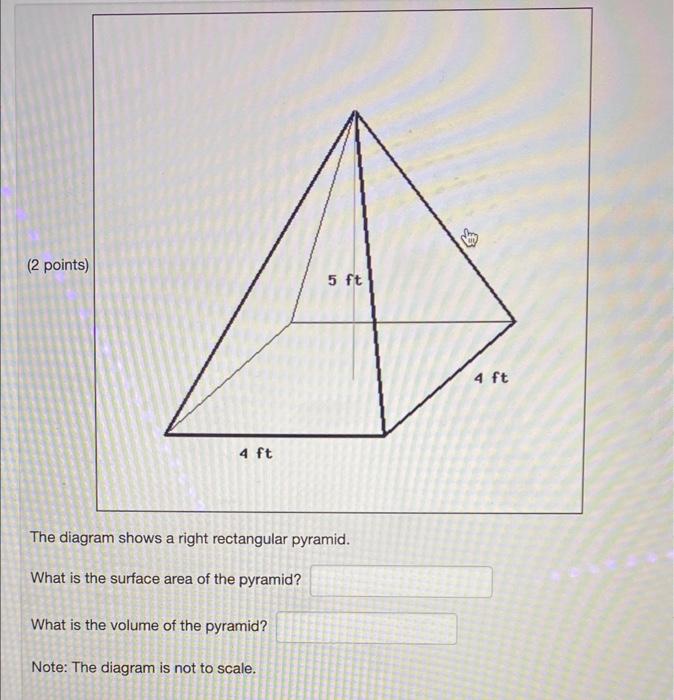 The diagram shows a right rectangular pyramid.
What is the surface area of the pyramid?
What is the volume of the pyramid?
No