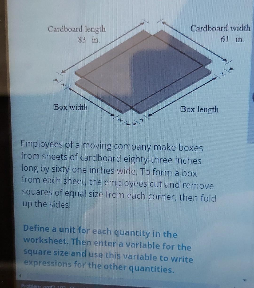 Solved Cardboard length 83 in Cardboard width 61 in. Box | Chegg.com