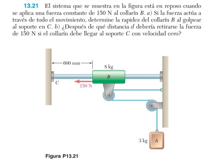 13.21 El sistema que se muestra en la figura está en reposo cuando se aplica una fuerza constante de \( 150 \mathrm{~N} \) al