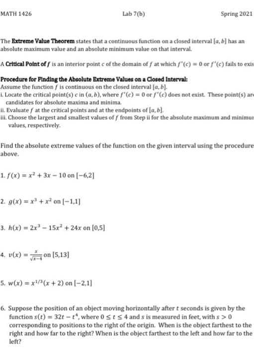 Solved Math 1426 Lab 7 B Spring 21 The Extreme Value T Chegg Com